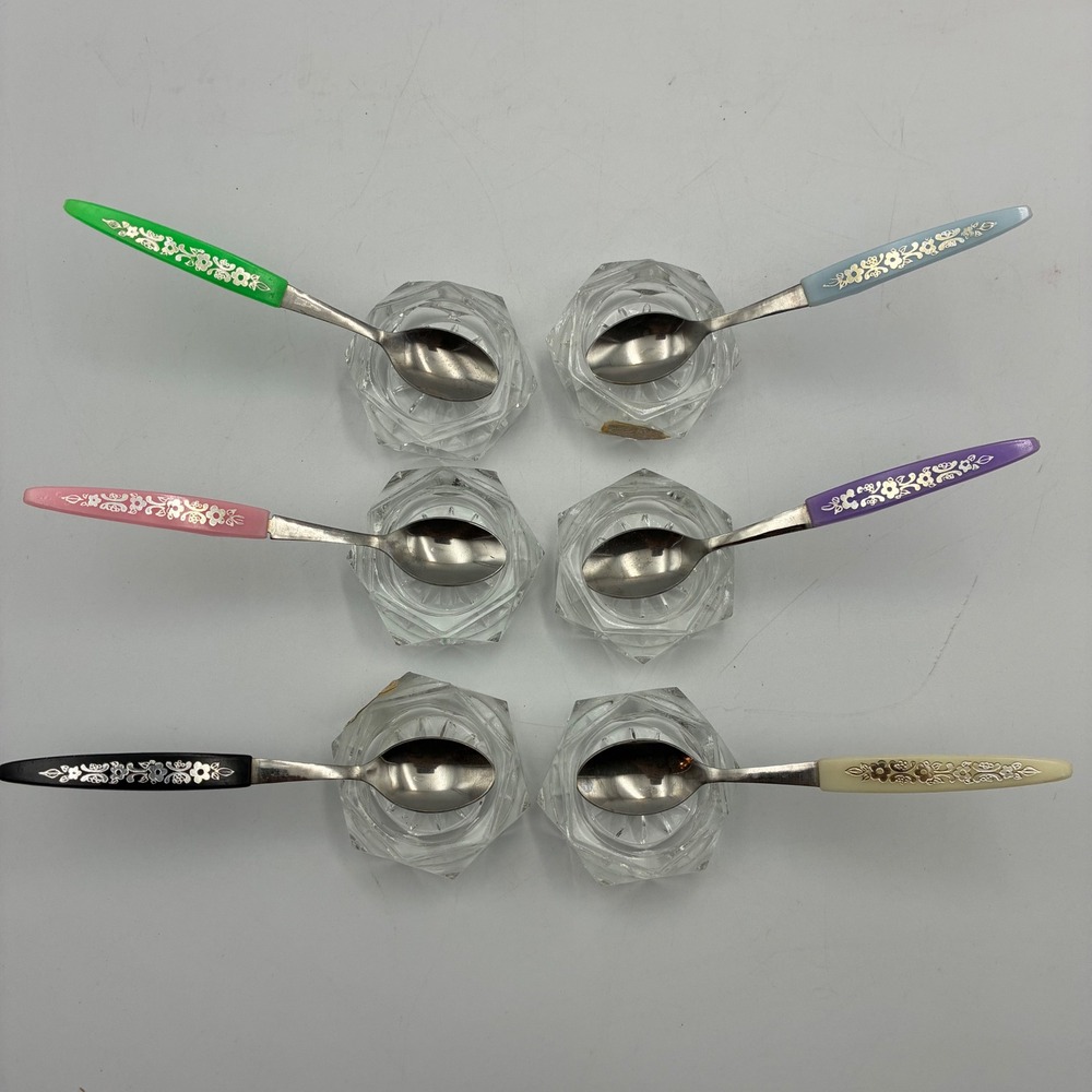 Vintage Bohemia Glass Czechoslovakia Crystal Salt Cellars Floral Spoons 12pc